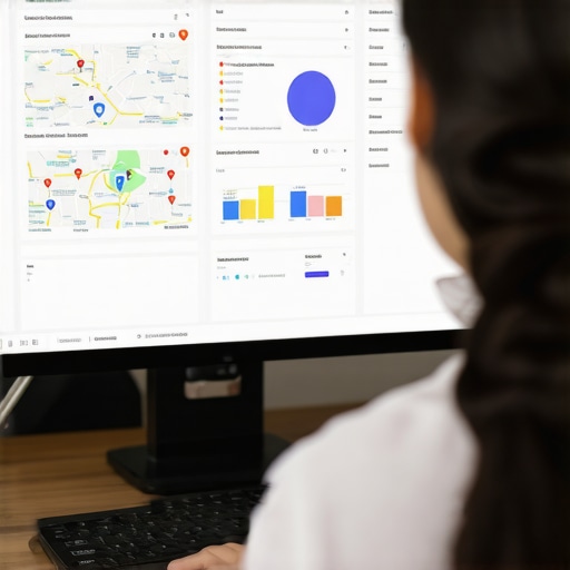 Analyzing Local SEO Data Person reviewing local SEO analytics on a laptop with maps and graphs