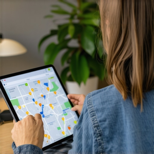 Business owner reviewing local SEO metrics on a tablet in an office setting