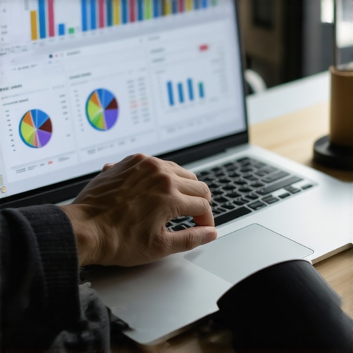Individual analyzing local SEO metrics on a laptop with charts and data.