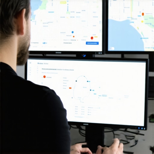 SEO expert reviewing graphs and maps on multiple screens