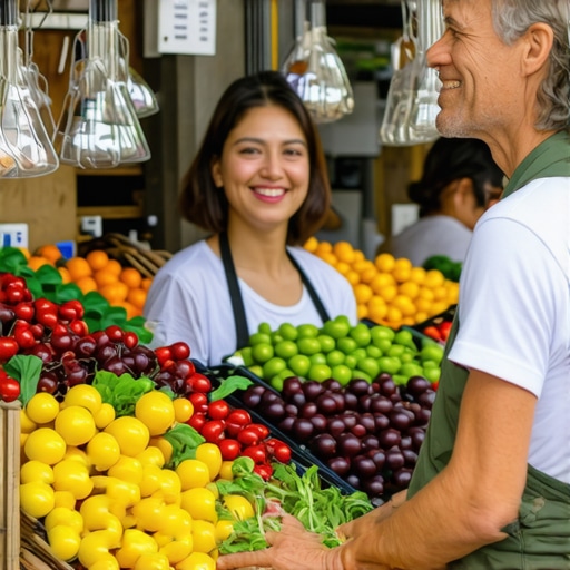Business owner interacting with community members at local market