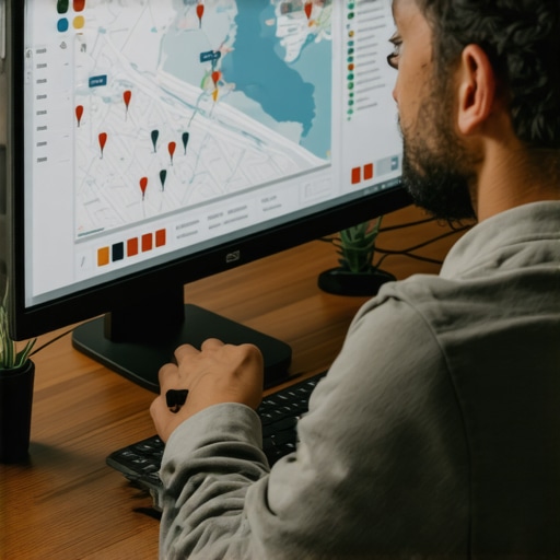 Digital marketer analyzing local SEO performance with maps and graphs