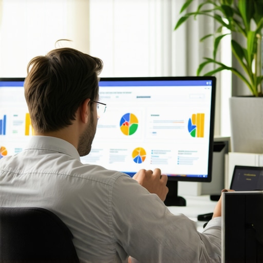 Person analyzing local SEO data with AI tools in a modern office.