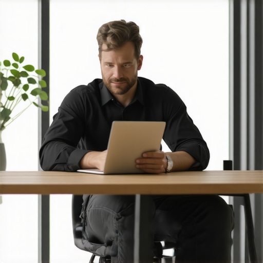 Business owner working on Google My Business profile with SEO tools in modern office