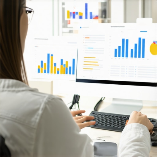 Advanced Local SEO Analytics Person analyzing local SEO data on a computer with charts and graphs, highlighting AI-driven insights.