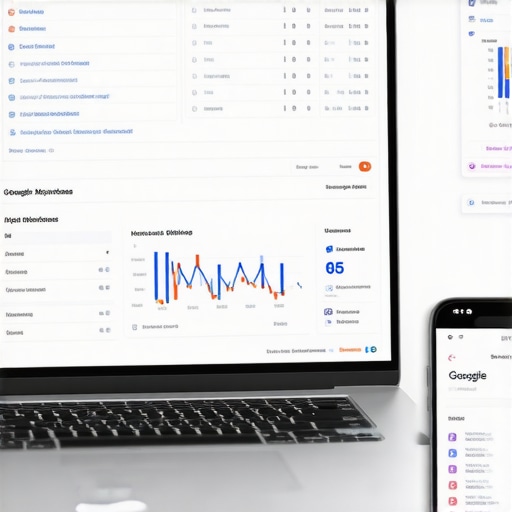 Modern workspace with SEO tools and Google My Business analytics.