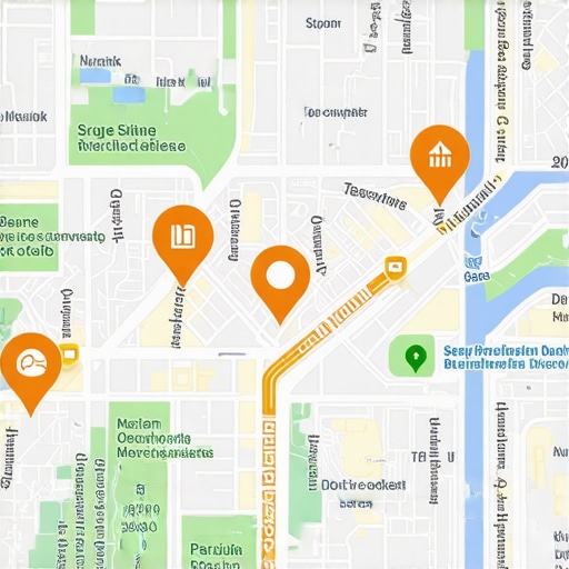 Advanced Maps SEO Strategy Illustration Digital map showing local business icons and SEO analytics overlay