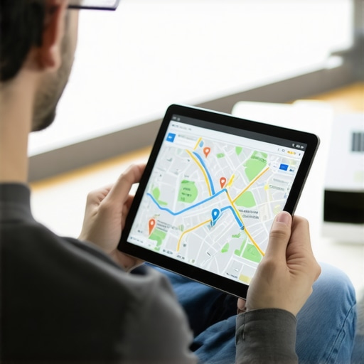 Business owner studying local SEO analytics on tablet in office