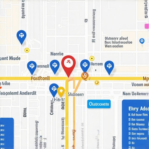 Augmented Reality Map Overlay for Local Business Futuristic map with AR overlays showing local business locations and customer engagement points