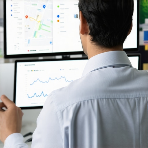 Deep Dive into Local SEO Analytics 2025 Analyst reviewing Google Maps ranking data and SEO metrics on computer screens.