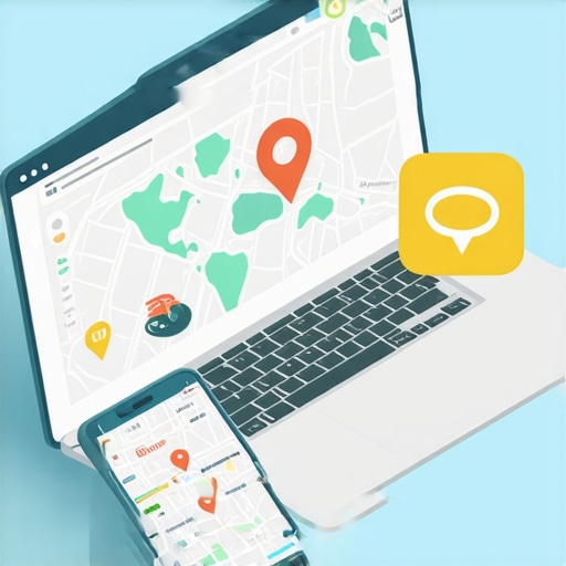 Illustration of local SEO tactics including backlinks, schema, and maps optimization on devices.