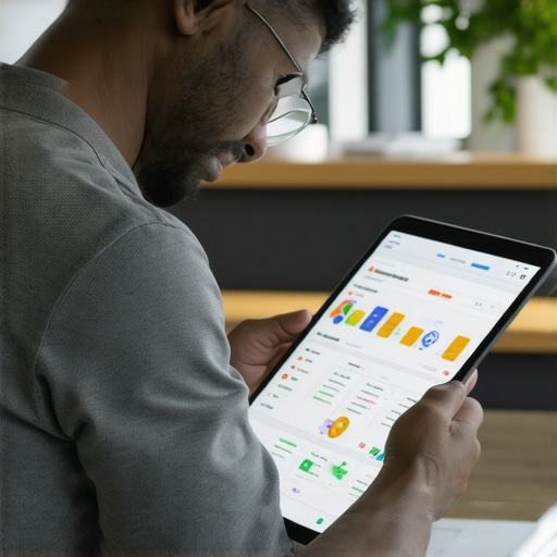 Business owner analyzing local SEO performance and engaging with community reviews on a tablet.