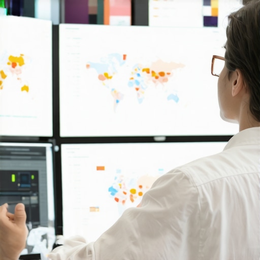 SEO expert analyzing local map rankings with charts and maps on screens.