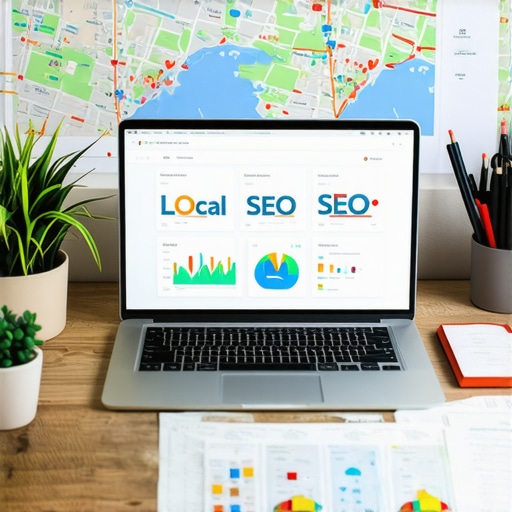 Workspace with laptop showing local SEO analytics and maps