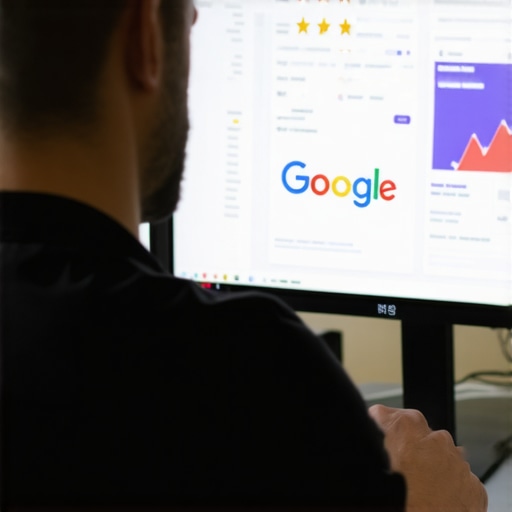 Business owner editing Google My Business profile on laptop with analytics and reviews