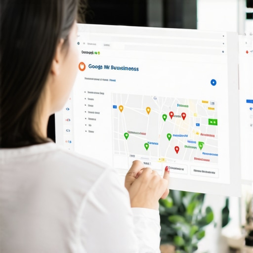 Business owner working on Google My Business profile on a laptop with local maps in the background