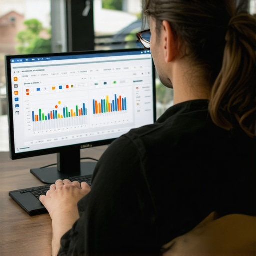 A digital marketer reviewing local map ranking charts on a computer screen.