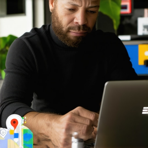 Business owner working on Google My Business profile optimization with maps and SEO icons