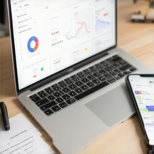 Laptop displaying local SEO analytics on a desk with smartphone and notes