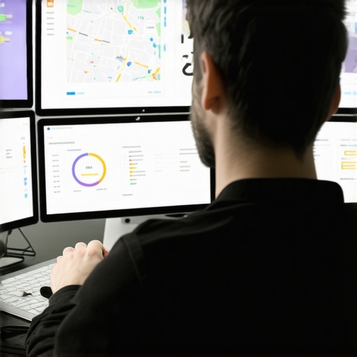 Digital SEO tools for local maps ranking A person analyzing SEO data on screens for Google Maps optimization.