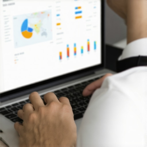 Managing Local SEO with Advanced Tools Person analyzing local SEO data on laptop monitor displaying maps and charts