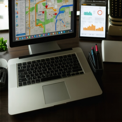 Desk with SEO tools and maps analytics for local SEO management