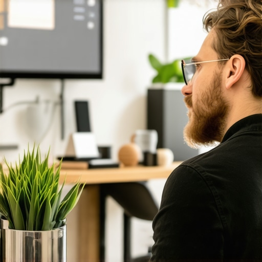 Business owner editing GMB profile on a computer, surrounded by local business signage