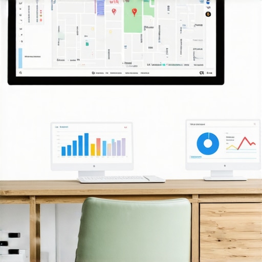 A desk with multiple monitors displaying maps, citations, and analytics dashboards for local SEO management.