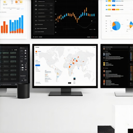 Multiple monitors showing local SEO tools, graphs, and maps for ongoing optimization