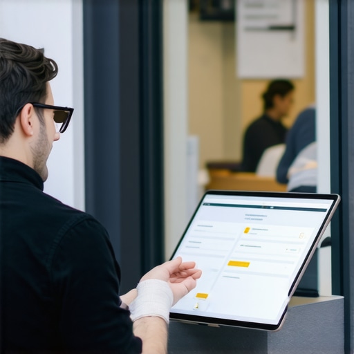 Business owner encouraging customer interactions like reviews and check-ins in a lively storefront setting.