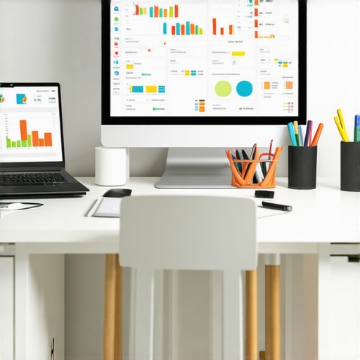 A workspace with computers displaying analytics dashboards, representing tools used for maintaining Google My Business and local map rankings.