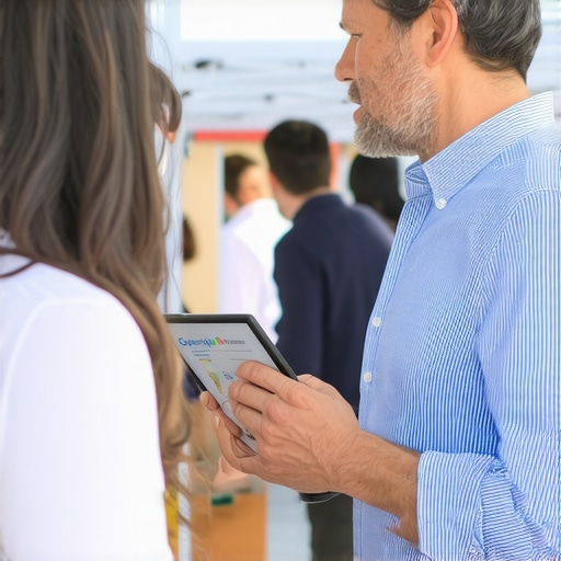 Business owner interacting with community at local event, updating profile on tablet.