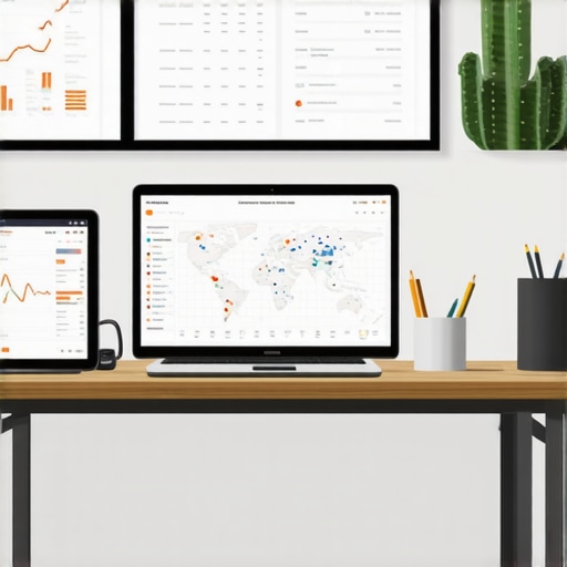 A workspace with screens displaying maps, analytics, and SEO data