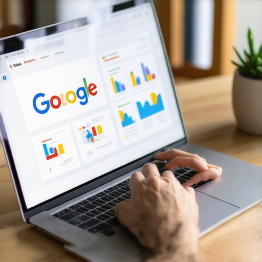 Business owner working on local SEO profile on a laptop with data charts and images.