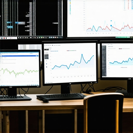 A modern desk setup with dual monitors displaying local SEO analytics and ranking charts