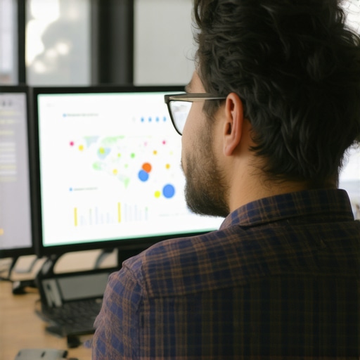 Marketing professional reviewing maps SEO and GMB analytics on multiple monitors.