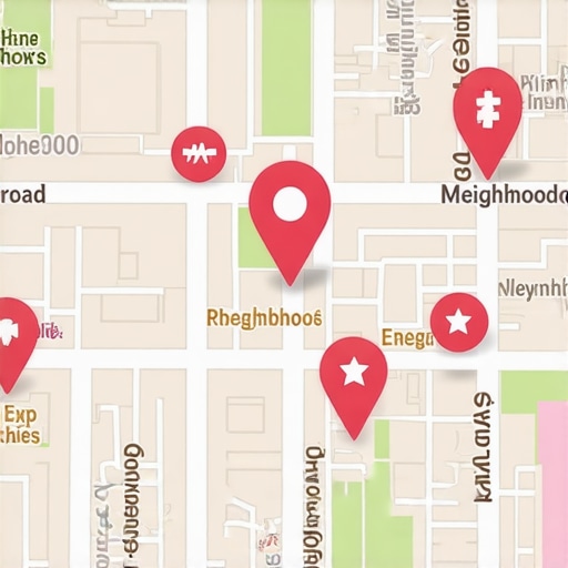 Map with geo-tagged pins highlighting neighborhoods and landmarks for local SEO tactics.