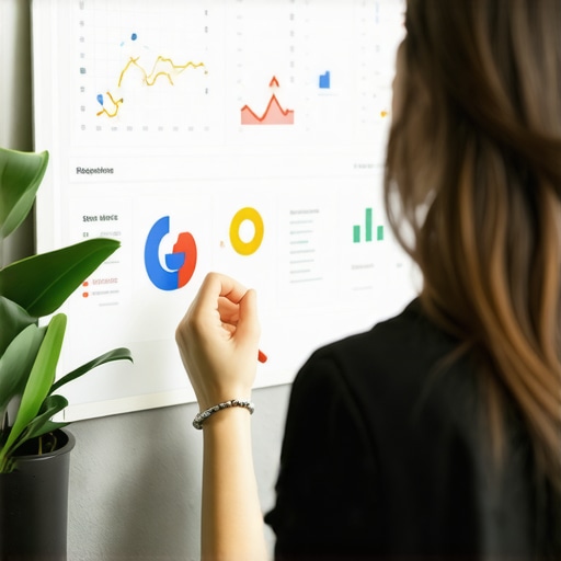 Business owner working on GMB profile with charts and engagement indicators.