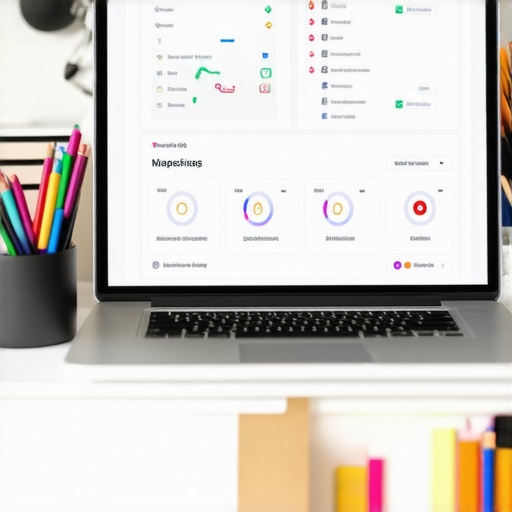 A workspace with laptop displaying local SEO tools and analytics dashboards.