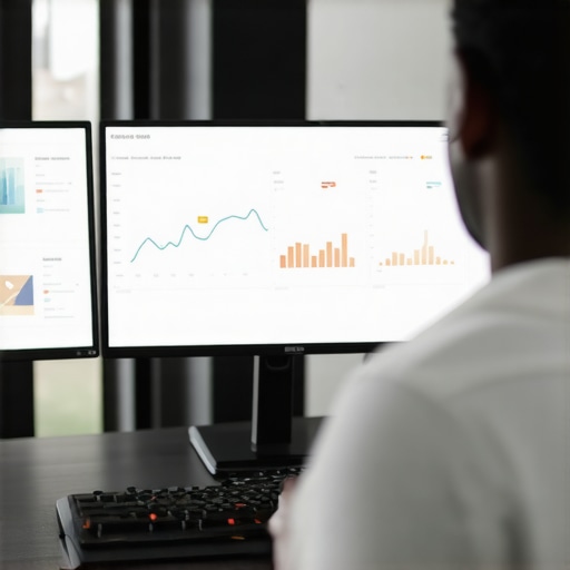 Digital marketer reviewing local SEO performance on screens.