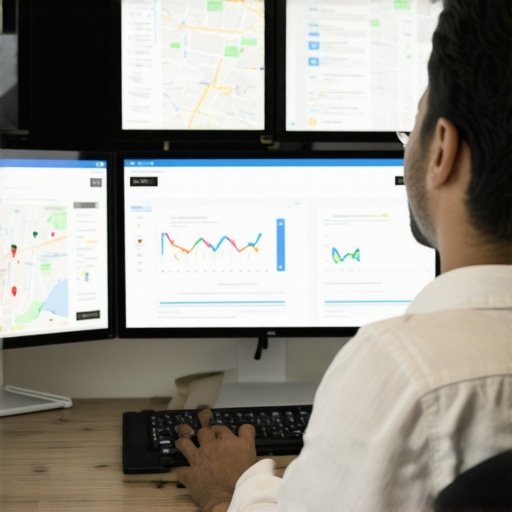 Digital marketer analyzing SEO data on multiple screens