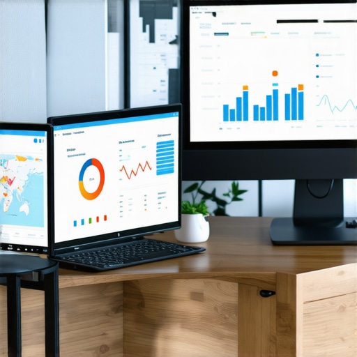 A modern office setup with multiple monitors showing maps and analytics for local SEO