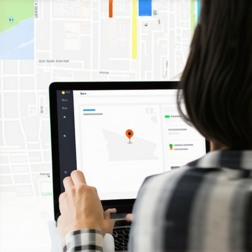 Business owner optimizing online listings with digital signals around.