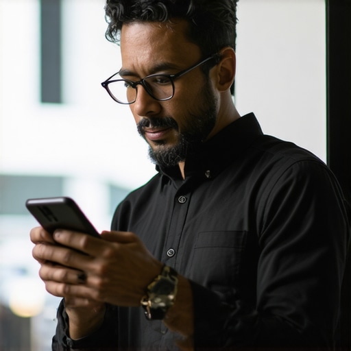 Business owner responding to customer reviews on smartphone in a local shop environment