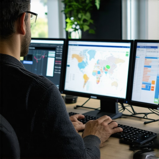 Person reviewing maps and analytics dashboards on computer screens, optimizing local SEO strategy.