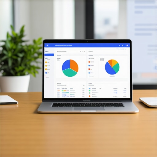 A workspace with a laptop displaying SEO analytics and local search optimization tools