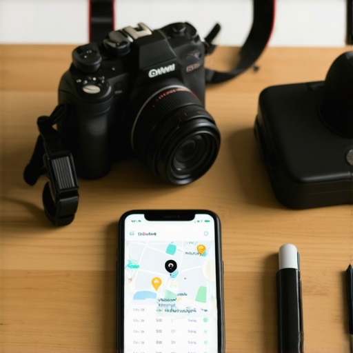 Workspace featuring SEO software, camera gear, and a mobile device showing Google Maps rankings.