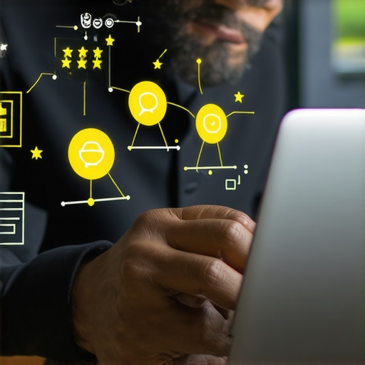 Business owner reviewing local SEO strategies on a laptop with icons of reviews and signals.