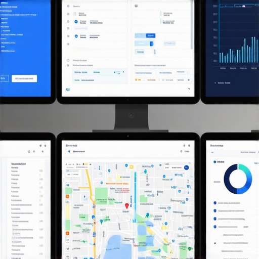 Workspace with SEO analytics and maps on screens.